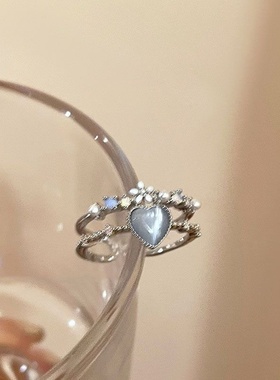 海蓝爱心月光石开口戒指女轻奢小众设计感食指戒气质可调节指环