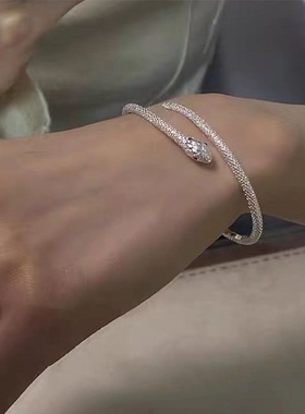 小众银色灵蛇手镯百搭简约设计版赤眼灵蛇可调节手镯高质纹理手环