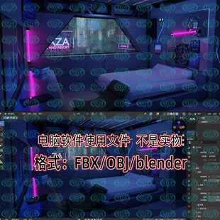 3D立体素材设计文件 BLender赛博朋克房间室内场景C4D模型OBJ格式
