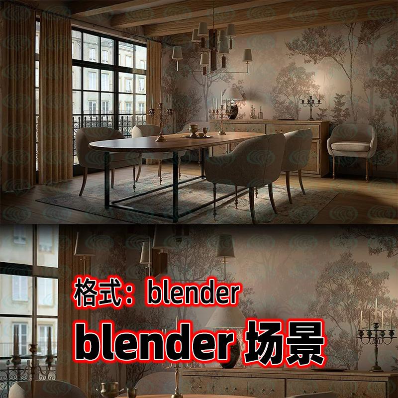 blender复古欧式餐厅餐桌椅家具3D模型室内场景设计灯光渲染工程