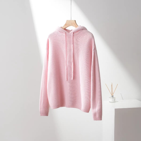 2024秋冬新款毛针织衫女100纯山羊绒加厚针织帽宽松连帽上衣内搭