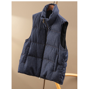 春暖家 法G蓬松可溯源安心绒90绒立领马甲外套H女17I5 靛蓝牛仔色