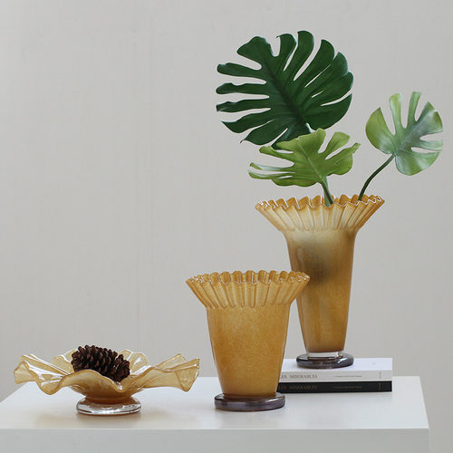 SoftHome北欧大口荷叶边卷口褶皱玻璃花瓶软装家居样板间装饰品