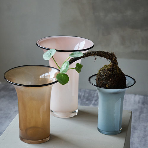 复古瓷粉黑边敞口花瓶鲜花餐桌电视柜简约创意手工家用玻璃果盘