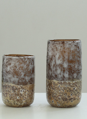 复古摆件艺术玻璃花客厅软装样板房干花插花做旧复古直筒花瓶