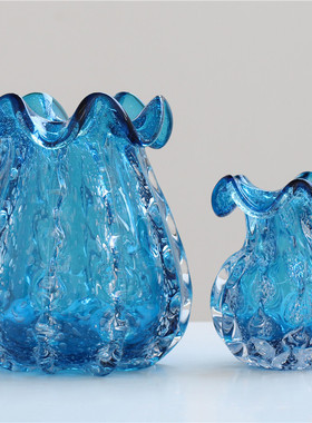 北欧厚重蓝色琉璃钱袋子气泡花家居客厅插花样板间艺术花器花瓶