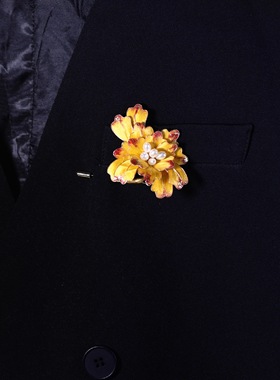 绒花仿真花纯手工制作婚嫁国风优雅气质华贵黄色牡丹花胸针