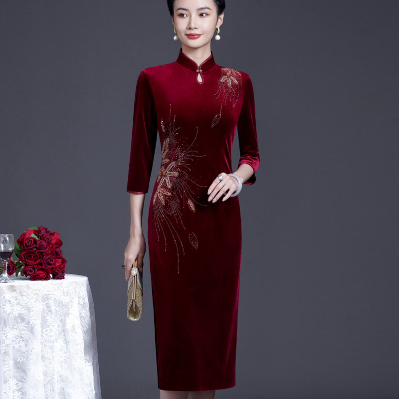 儿子婚礼妈妈装金丝加绒旗袍高端喜婆婆婚宴装礼服洋气丈母娘喜服