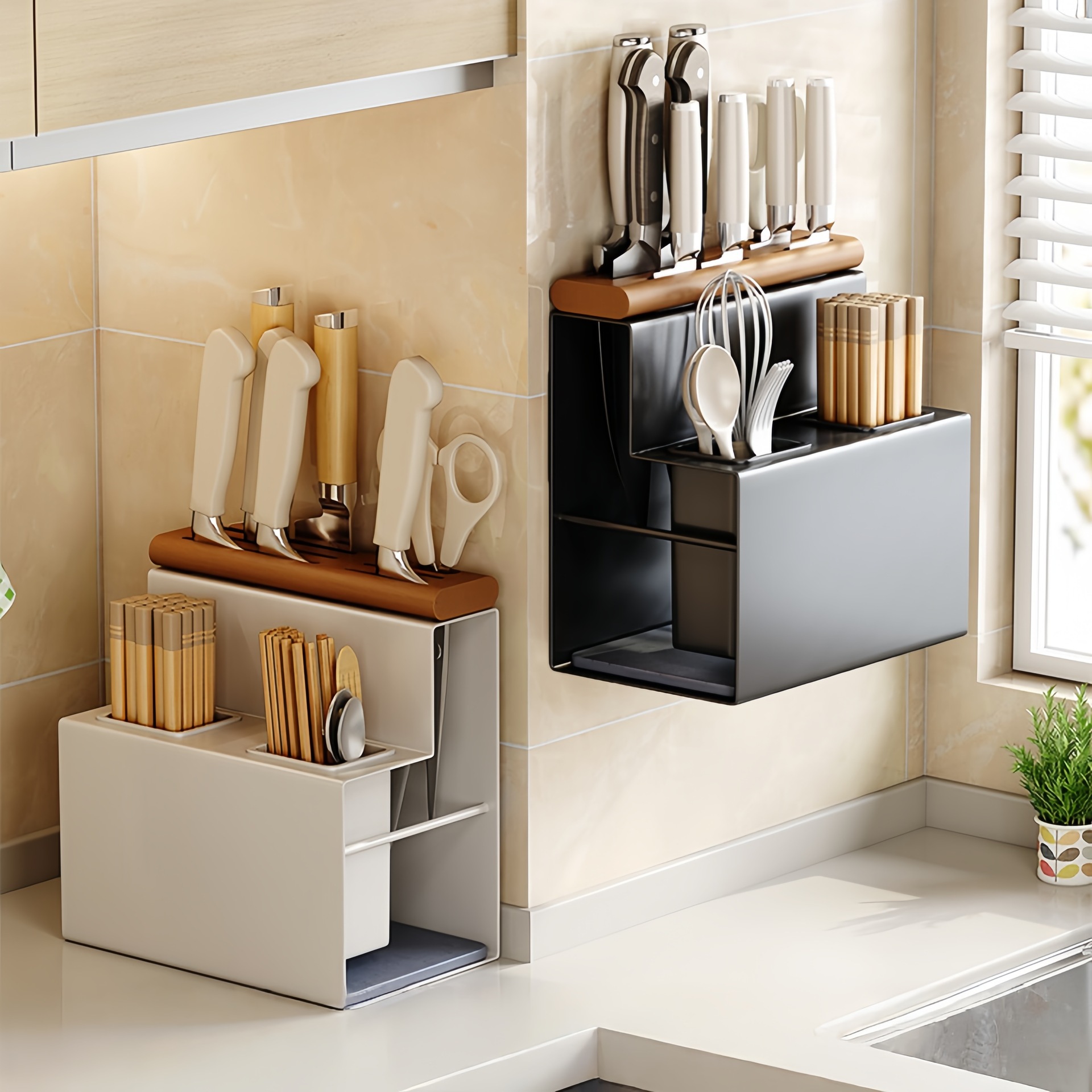 轻奢实木刀架筷筒一体收纳架厨房