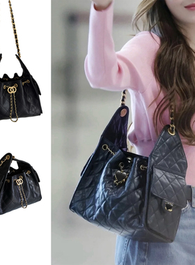 StartFromHere｜小香风菱格水桶包 黑色荔枝皮抽绳链条单肩腋下包