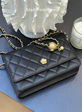 StartFromHere｜山茶花发财包 球纹牛皮小香风菱格金球链条斜挎包