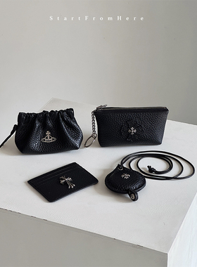 十字架牛皮零钱包卡包 头层荔枝纹牛皮挂脖包 耳机包包挂牛皮卷尺