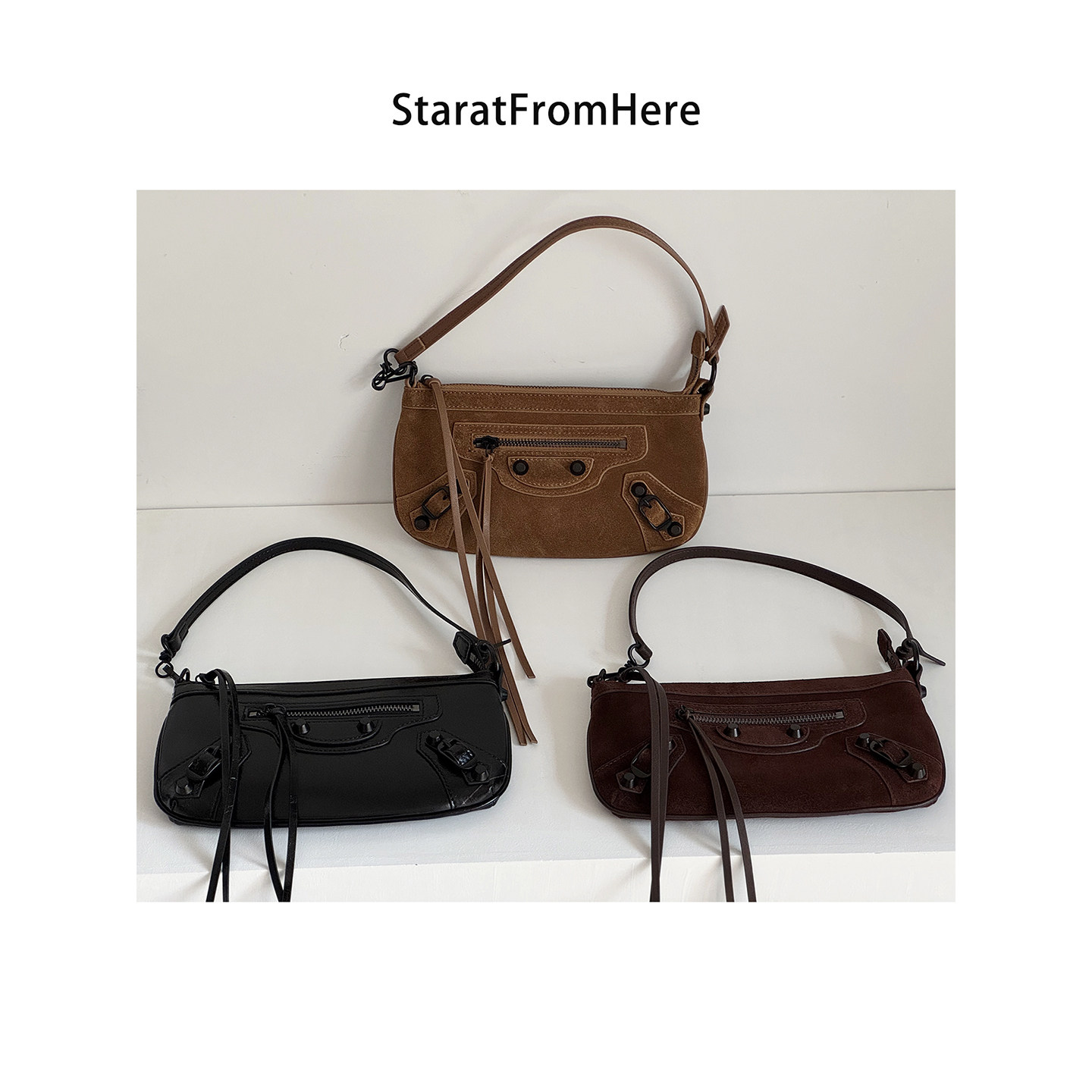 StartFromHere｜麂皮机车腋下包 黑色油腊皮麻将包时髦斜挎小包女