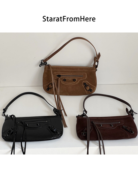 StartFromHere｜麂皮机车腋下包 黑色油腊皮麻将包时髦斜挎小包女