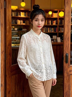 2026春夏季新款上衣女蕾丝刺绣白色宽松韩版长袖刺绣花纹蕾丝衬衫