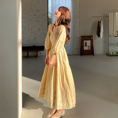 首发春款 雏菊提花全棉定染长款连衣裙2C122-2505-P155-K218