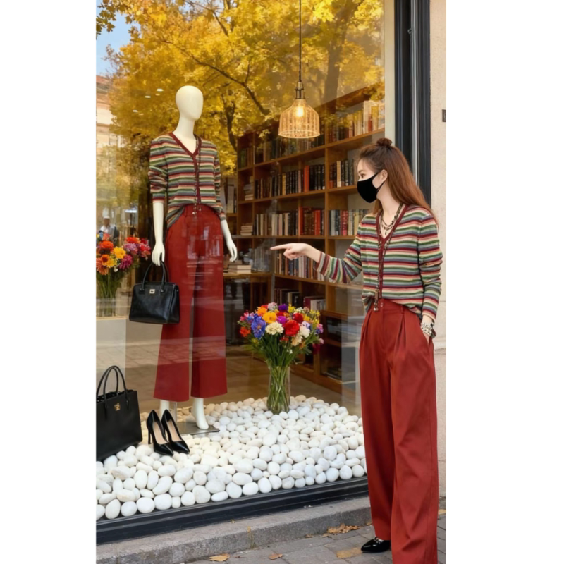 春秋减龄穿搭一整套装女今年流行韩系撞色条纹针织衫阔腿休闲裤子