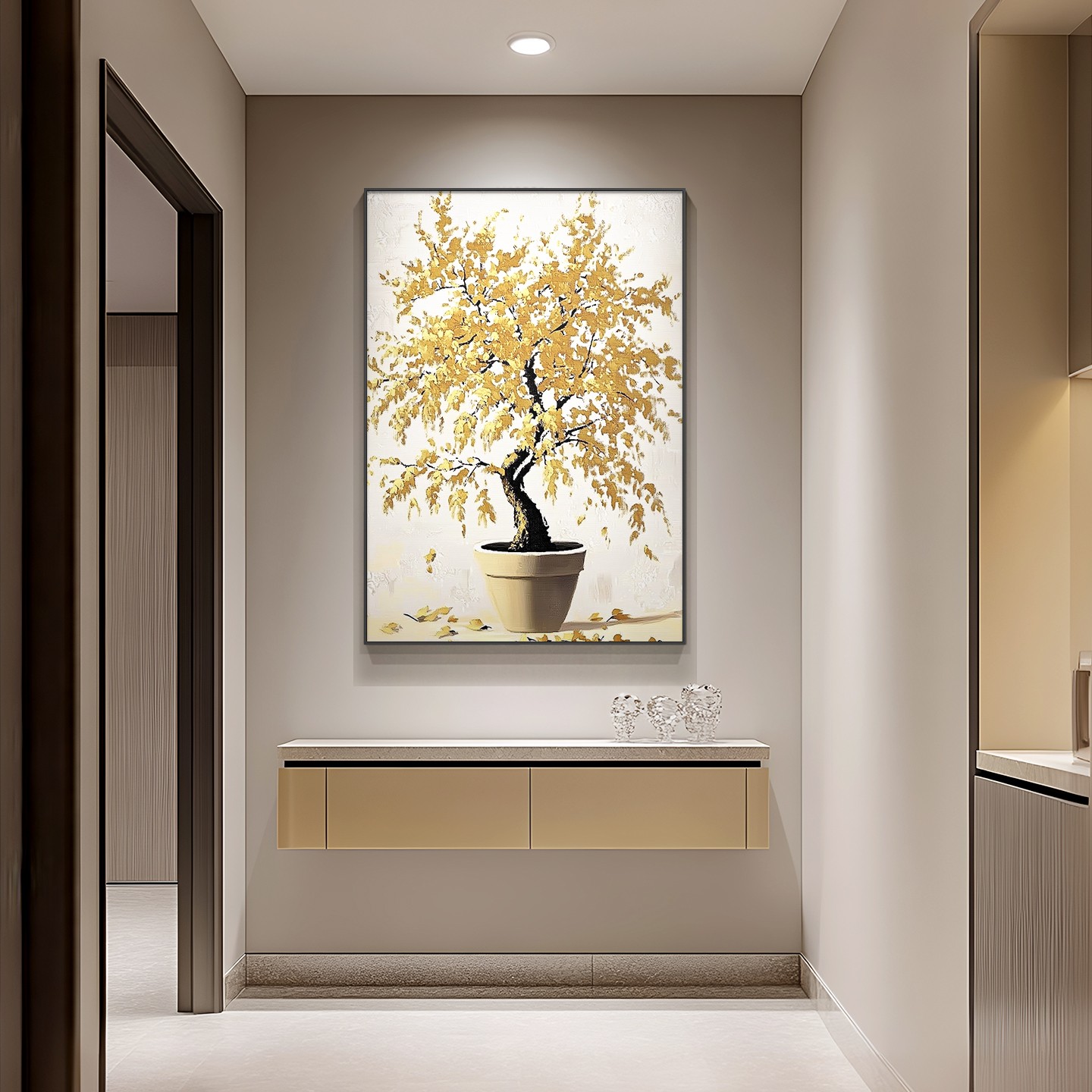 装饰画装饰画走廊寓意发财树玄关好众艺术大芬村入户金色画肌理小图片