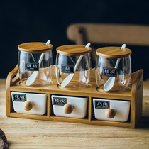 Creative ceramic seasoning pot Japanese kitchen seasoning pot bottle set double-layer six piece seasoning box chili pot