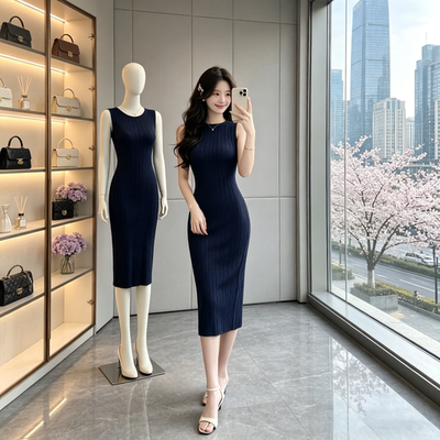 AWMUMU高智感针织无袖背心裙包臀裙女御姐风修身显瘦内搭连衣裙女