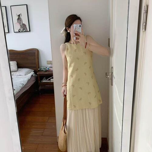 夏季富家千金甜美无袖背心连衣裙百褶半身裙假两件设计黄色连衣裙