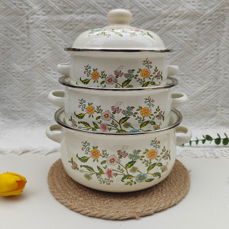 三件套搪瓷烧锅珐琅平底锅家居日用多规格搪瓷锅带盖双耳礼品汤锅