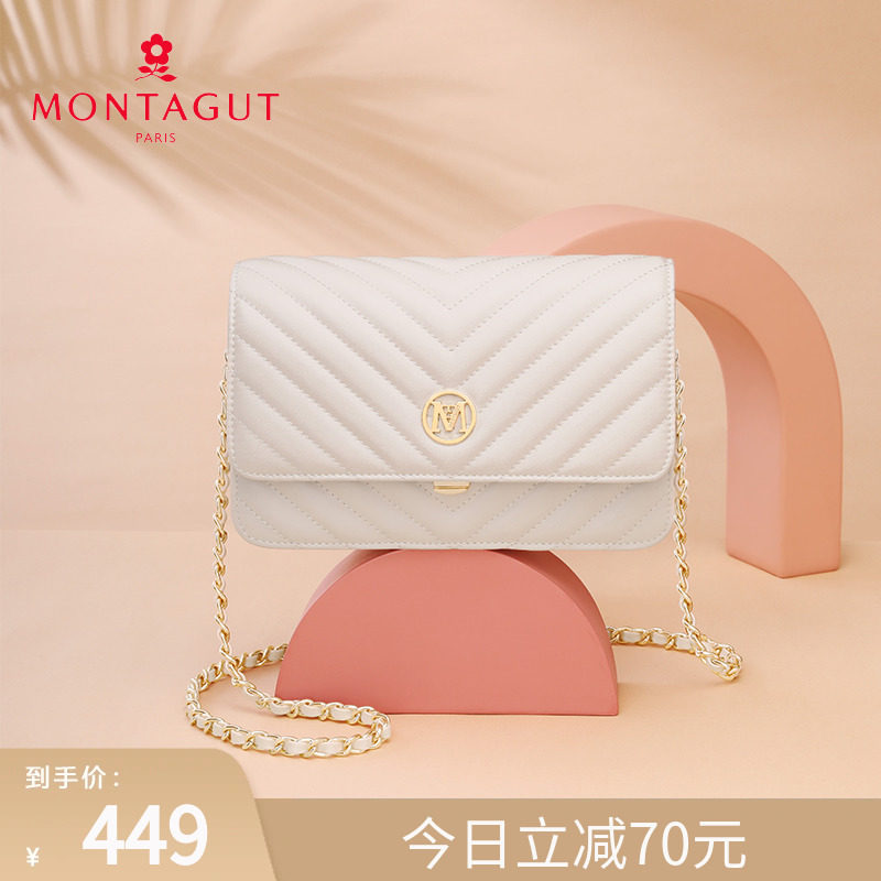 梦特娇女包气质小香风链条包女斜挎真皮单肩包精致轻奢白色斜挎包