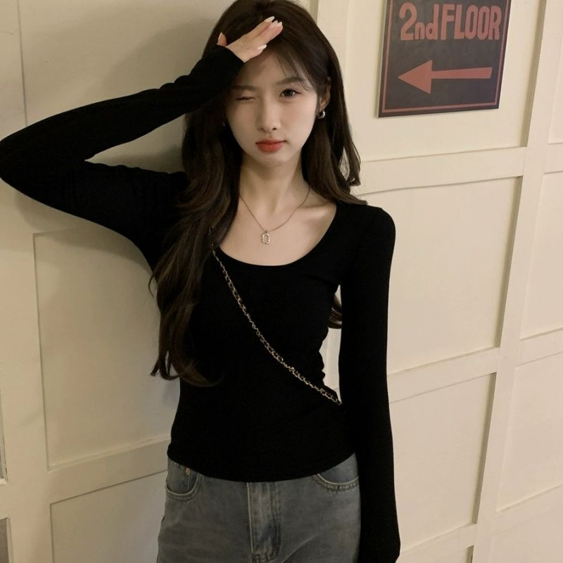 u领纯欲性感长袖T恤女2025秋冬季低领黑色修身显瘦打底衫上衣内搭