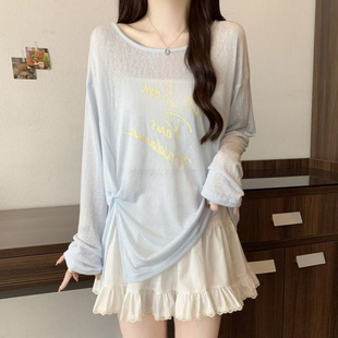 宽松显瘦防晒罩衫 不规则印花长袖 新款 t恤女薄款 薄纱上衣 2025夏季