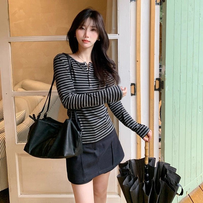 美式复古辣妹条纹长袖t恤女2025秋冬季新款修身打底衫内搭上衣