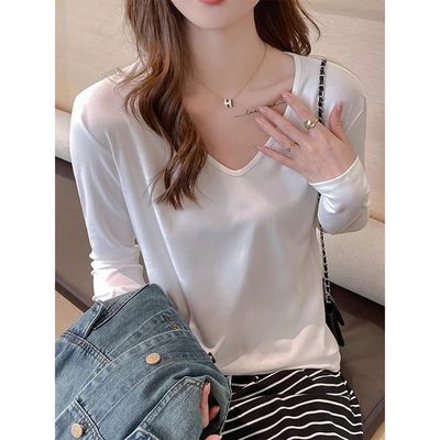 白色v领打底衫长袖t恤女内搭春秋2025新款修身洋气低领可外穿上衣