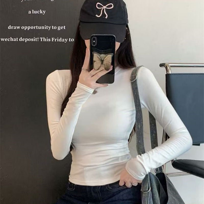 辣妹白色紧身正肩长袖t恤女秋季基础内搭修身显瘦打底衫圆领上衣