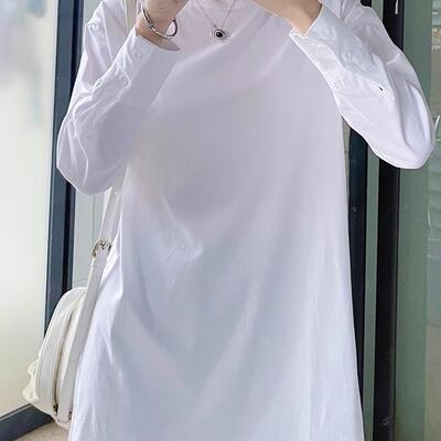 中长款印花长袖T恤女内搭白色