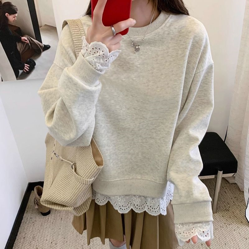 花灰色圆领套头拼接蕾丝花边加绒卫衣女2025秋冬季宽松慵懒风上衣