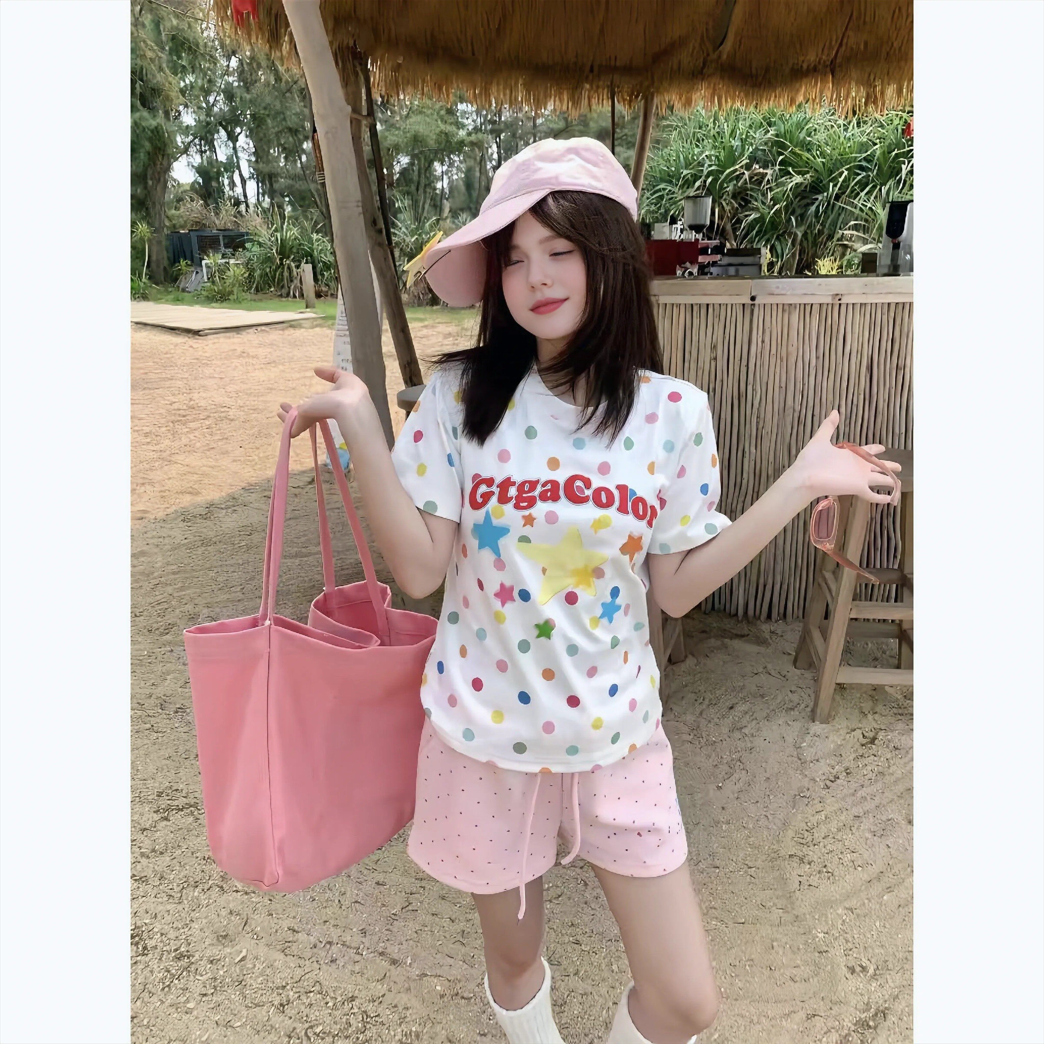 韩系波点短袖修身学生T恤女