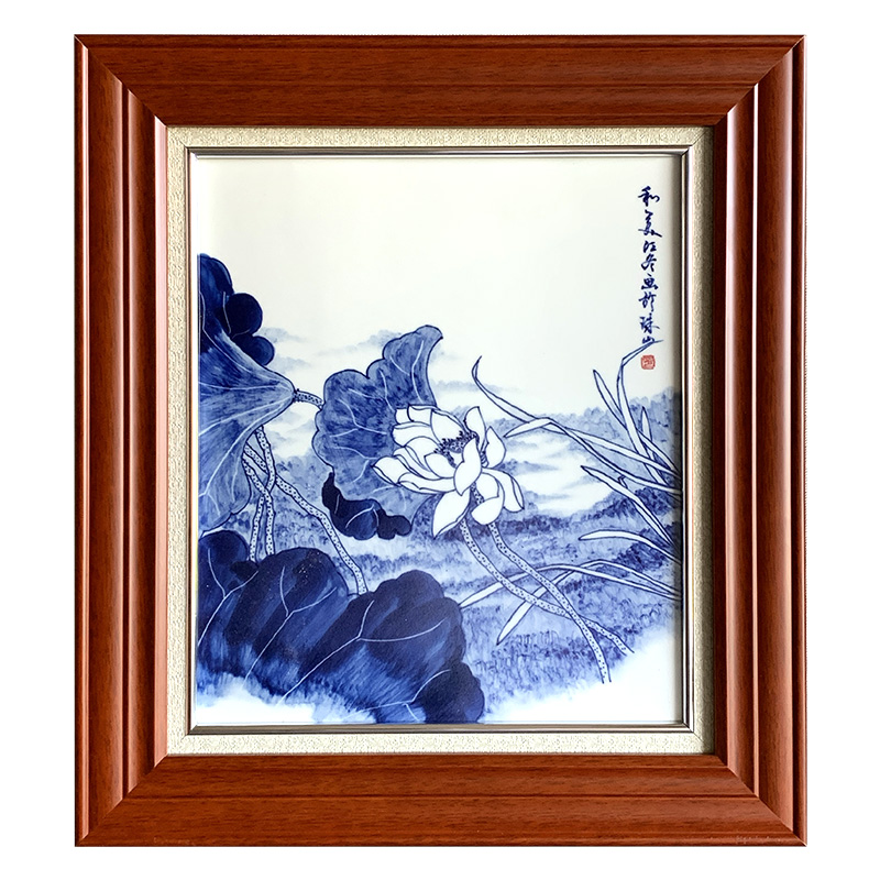 景德镇陶瓷画客厅玄关装饰画手绘青花瓷版画茶室挂画荷花事事如意