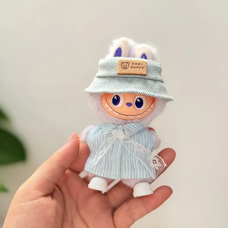 潮酷4代迷你Labubu衣服收腰蓝条纹裙心底密码拉布布小鼻嘎娃衣萌