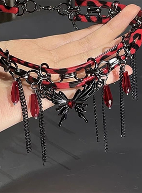 朋克辣妹玫红色皮质蝴蝶流苏choker项链女潮酷y2k颈链cosplay配饰