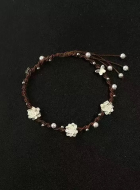新中式三生三世莲花手绳女手工编织珍珠莲花朵蝴蝶流苏手链国风潮