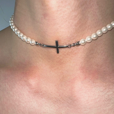 DALMATA ALONEMOON原创设计 基础款十字钛钢珍珠项链choker