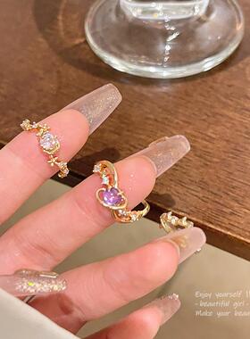 轻奢小众百搭气质精致锆石戒指女开口可调节花朵食指戒网红指环