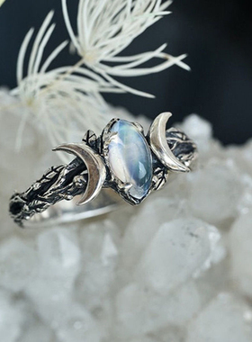 欧美跨境个性合金月光石戒指简约复古月牙月亮指环单戒做旧手饰