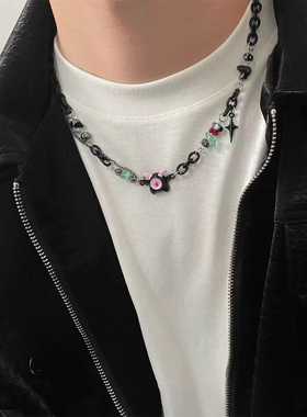 小怪兽碎石黑链条项链男女锁骨链嘻哈小众设计高级感毛衣卫衣链潮