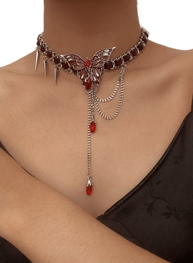 欧美跨境饰品红色蝴蝶水滴柳钉流苏吊坠锁骨链女小众甜酷朋克项饰