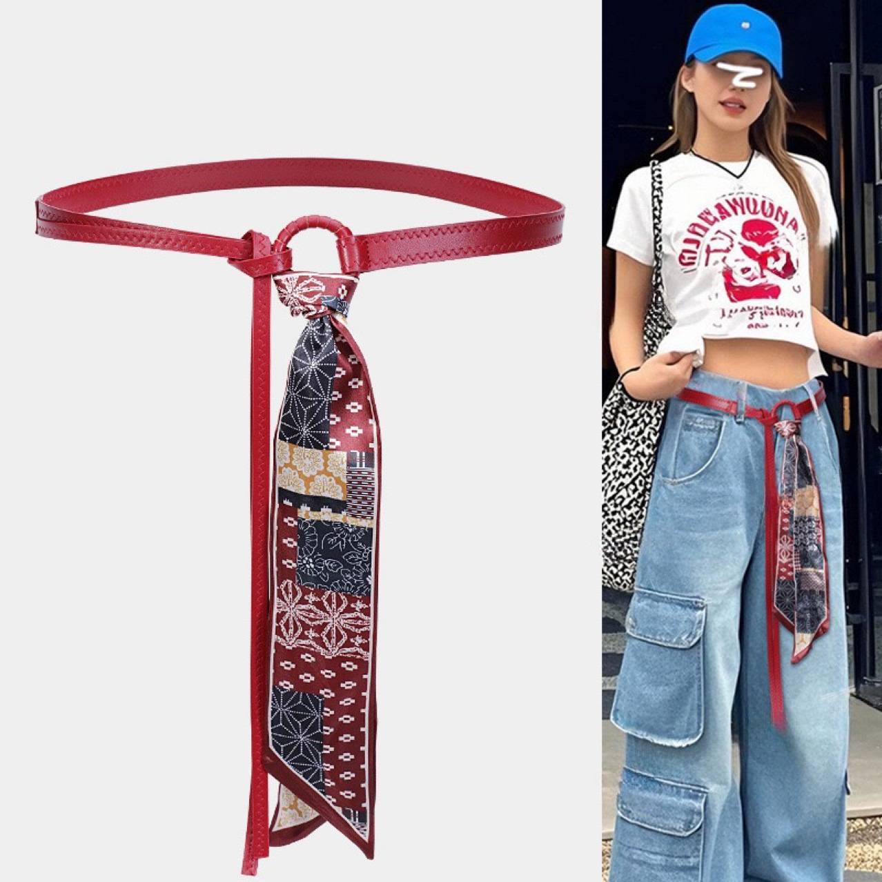 丝巾腰带配饰女丝带腰链皮带嘻哈朋克复古美式装饰配牛仔裤带红色图片