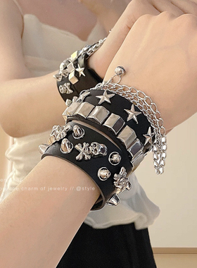 新款酷女孩朋克pu皮铆钉手链个性骷髅街舞配饰嘻哈手环宽手镯潮男