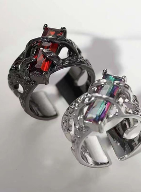 熔岩液态荆棘开口戒指红宝 石欧美高级开口食指甜酷风镂空肌理戒