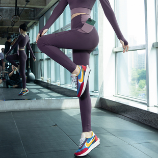女高腰跑步健身裤 高级感舞蹈紧身长裤 女 网纱运动裤 裸感透气瑜伽裤