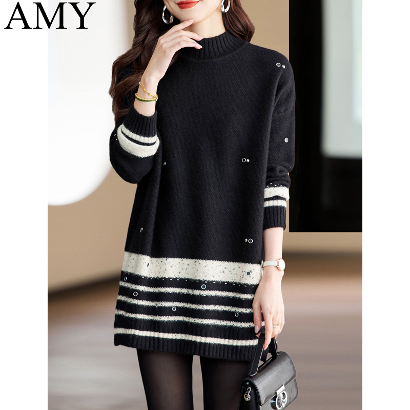 2025初春新款遮屁股中长款大码毛衣条纹拼色休闲轻熟打底上衣女士