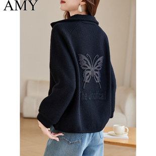 2025秋款新款高级感烫钻黑色棒球服拉链休闲立领宽松藏肉短外套女